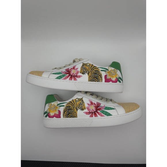 JOHNNY WAS Maisie White Leather Tropical Tiger Embroidered Sneakers ~ Womens 7.5 - Picture 10 of 13